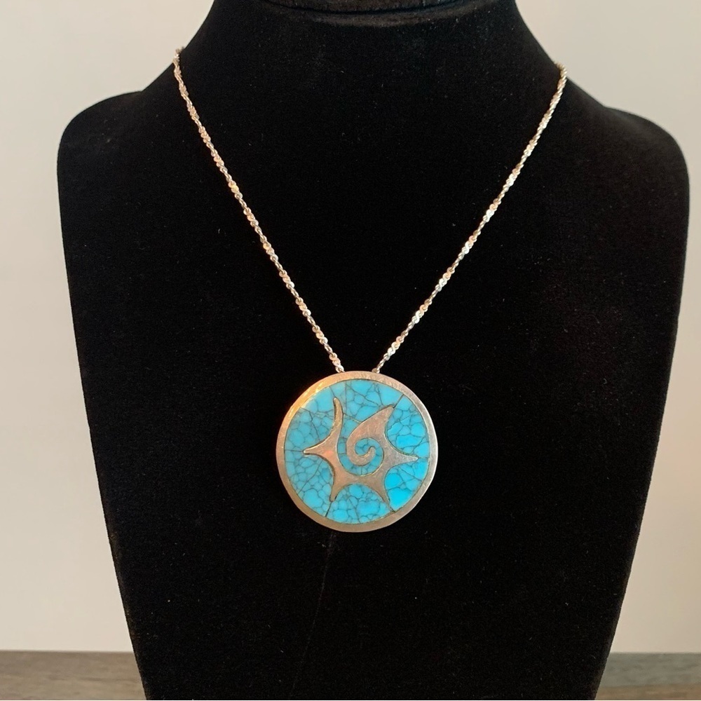 Sterling Silver Necklace Crushed Turquoise Pendant Brooch Vtg Stamp 925 FJCTaxco